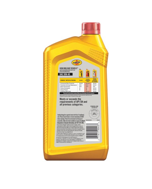 PENNZOIL HIGH MILEAGE SAE 10W-40 1QT (6 pack) Online now